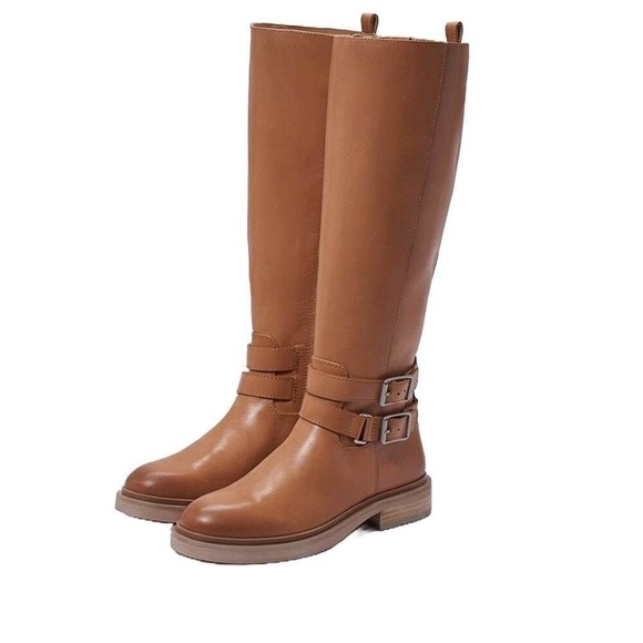 Sam Edelman Freda Cashew Leather Zipper Block Heel Knee High Boots Sz 7M - Picture 1 of 12